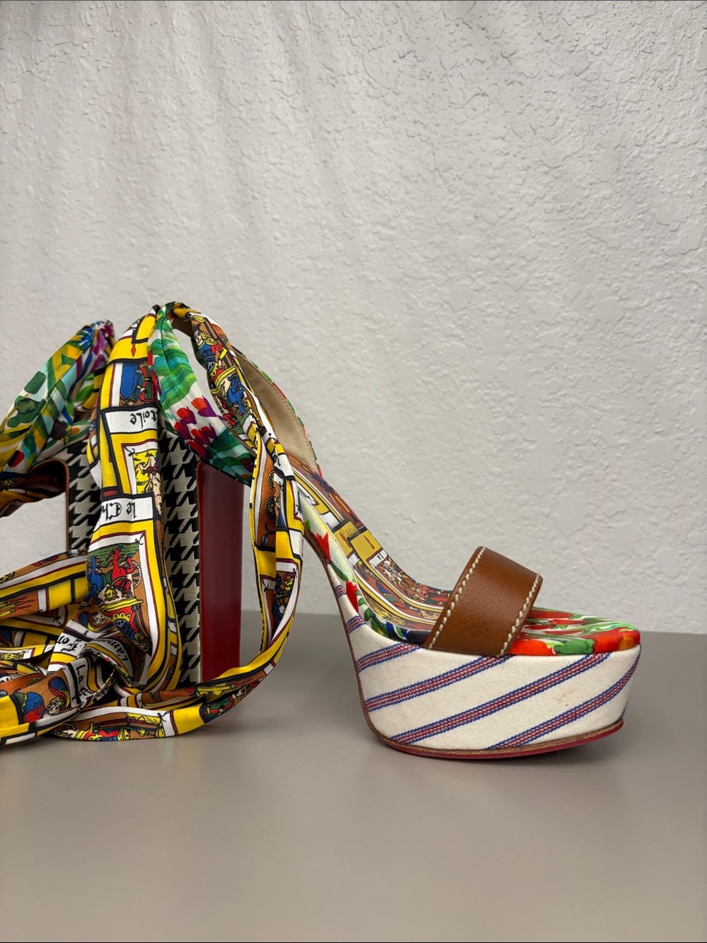 Christian Louboutin Multicolor Patterned Platform Sandal with Brown Strap